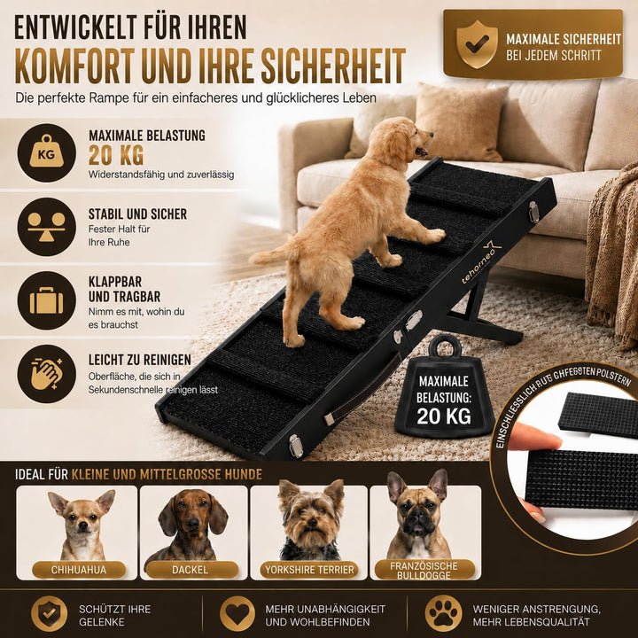 TEHORNEO Hundetreppe für Kleine Hunde, Hunderampe 4 Höhen 25-41 cm, Hunderampe Sofa, Hunde Rampe Bis