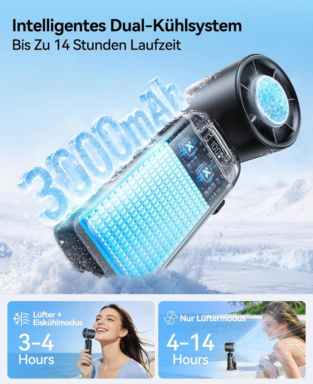 KIMMOO Handventilator mit Eiskühlung, 21000 U/min, 199 Stufen, bis zu 14h Akku, Wiederaufladbar, 3-i