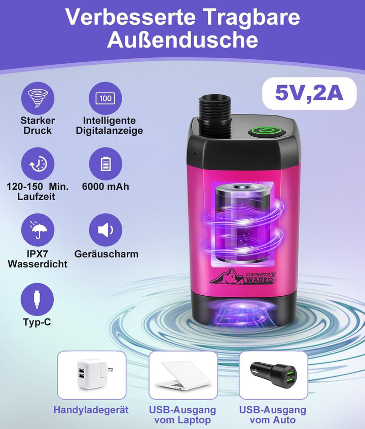 WADEO Tragbare Campingdusche [6000-8000mAh], Camping Dusche mit Pumpe und 2M Schlauch, Akkustands- u