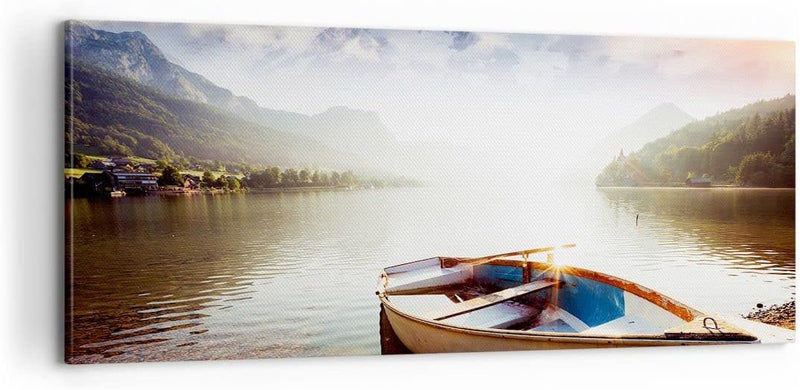 Panorama Bilder auf Leinwand 100x40cm Leinwandbild mit Rahmen Berge See Boot Gross Wanddeko Bild Sch