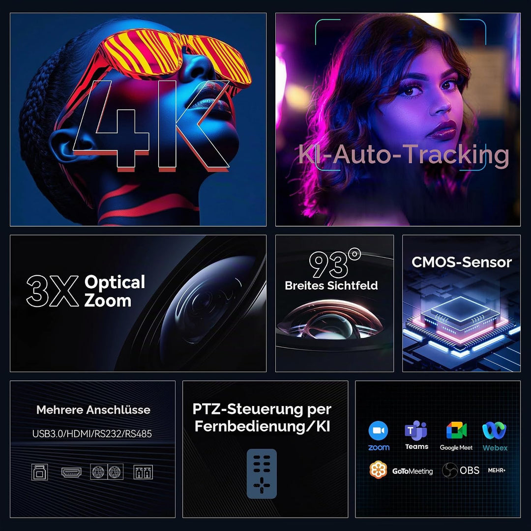 TONGVEO 4K PTZ-Konferenzkamera, KI-Auto-Tracking, 3X optischer Zoom, HDMI/USB 3.0, 93°-Weitwinkel fü