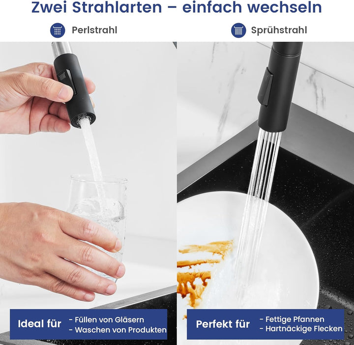 CECIPA Wasserhahn Küche Schwarz, Hochdruck Küchenarmatur mit Brause Ausziehbar Armatur, Mischbatteri