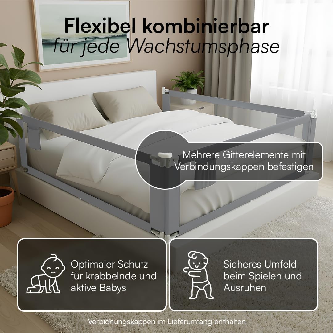 Bellabino Drina Rausfallschutz – Bettschutzgitter 150 cm Dunkelgrau – Bettgitter höhenverstellbar 69