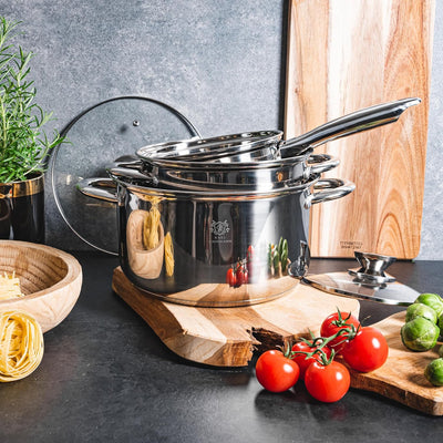 Topfset Induktion 3-teilig, Kochtopf Set mit Glasdeckel, Edelstahl mattiert, Induktions Töpfe Set un