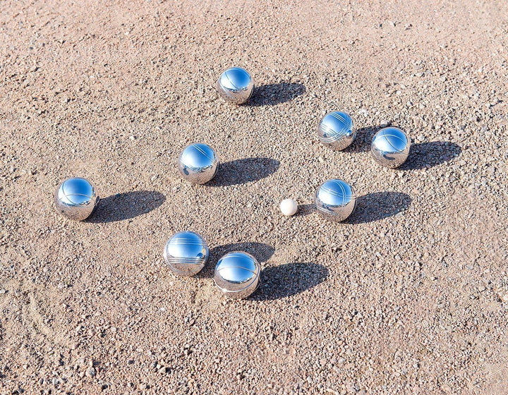PEARL Boule Kugeln: Boule- & Boccia-Spiel: 8 Metall-, 1 Holz-Kugel, Abstandsmesser, Tasche (Boccia K