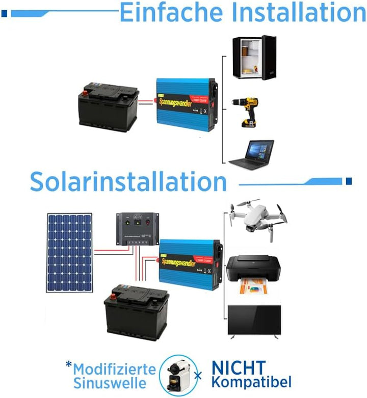 EDECOA Spannungswandler 1200w wechselrichter 12v auf 230v Spannungswandler modifizierter 12v 230 mit