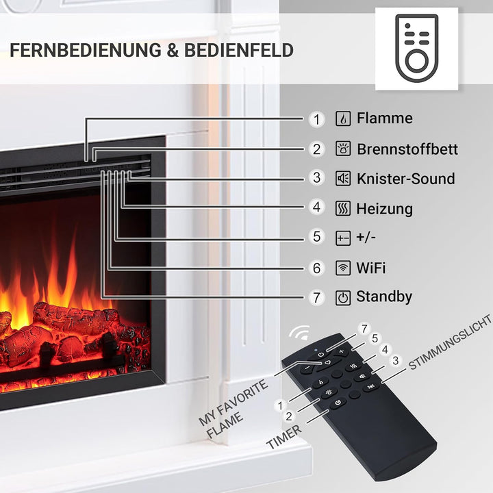 RICHEN Hikaru Elektrokamin - Standkamin mit Heizung bis 2000W, 3D-Flammeneffekt, LED-Beleuchtung, Kn
