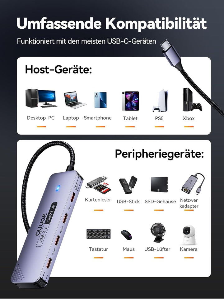 USB C 3.2 Hub 10Gbps, QUUGE 4-in-1 Adapter mit 4 USB C 3.2 Ports, Aluminium Multiport Splitter mit 1