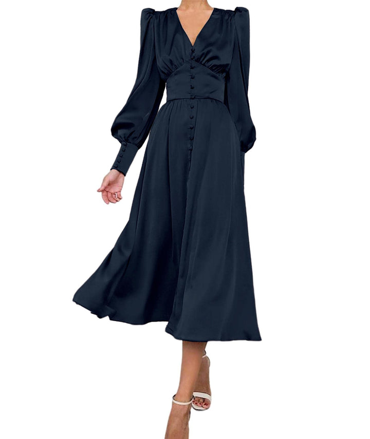 xxxiticat Damen Langarm Satin Maxikleid Lange Laternenärmel Knopfleiste Rüschen Einreihig Vintage Pu