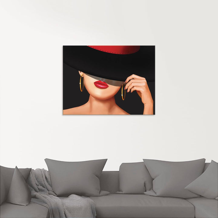 ARTland Glasbilder Wandbild Glas Bild einteilig 60 x 45 cm Elegant Schick Dame Lady Hut Ohrringe Lip