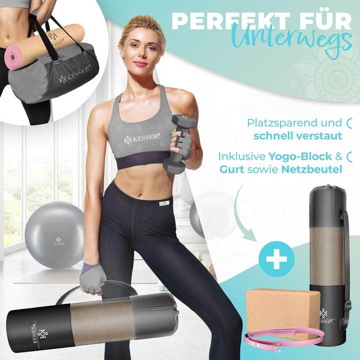 KESSER® Yogamatte Kork Inkl. Tragegurt Tasche & Yoga-Block Gymnastikmatte Yoga Matte rutschfest aus