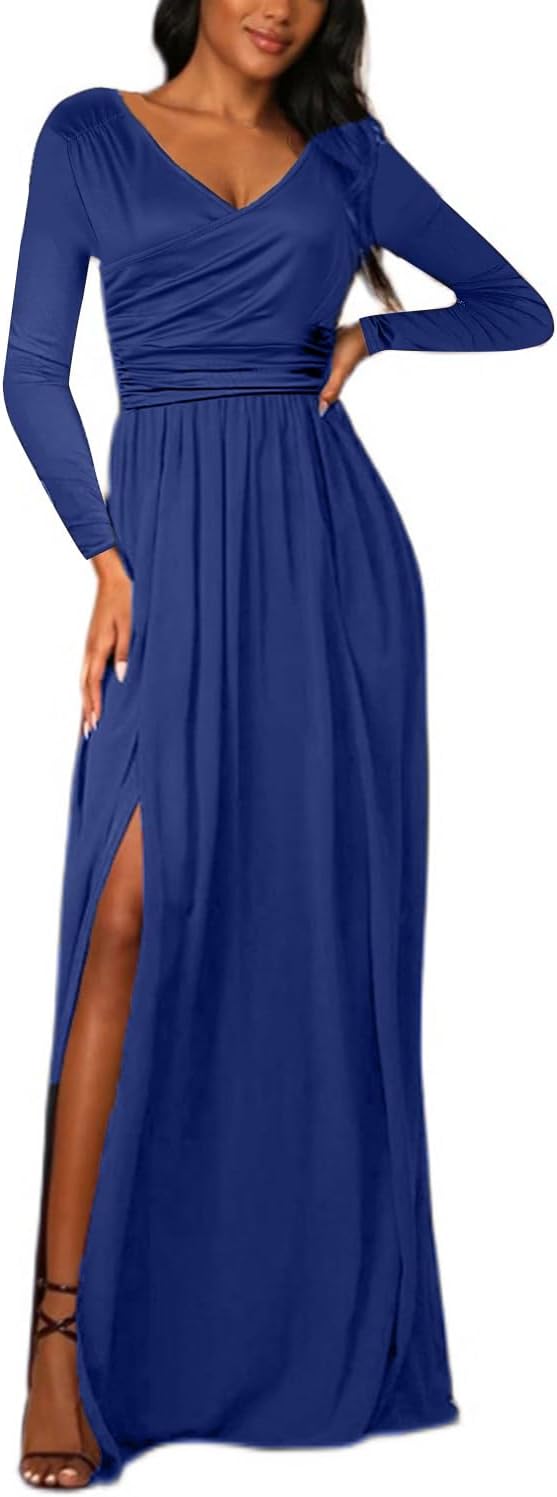 JENJON Damen Kleid 2.0 Elegant Langarm V-Ausschnit Tunika Maxikleider Casual Hohe Taille Saumschlitz