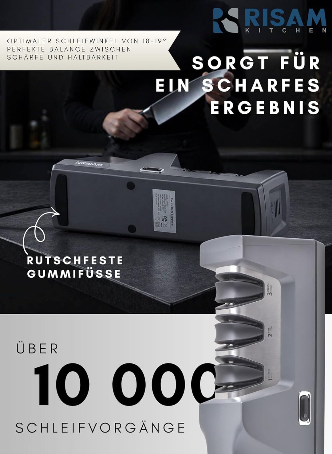 RISAM Kitchen Elektrischer Messerschärfer - 3-Stufen-Schleifsystem mit Winkelführung, für Küchen-, J