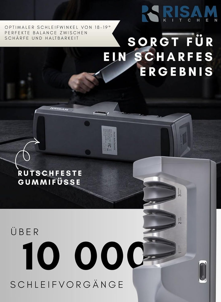 RISAM Kitchen Elektrischer Messerschärfer - 3-Stufen-Schleifsystem mit Winkelführung, für Küchen-, J