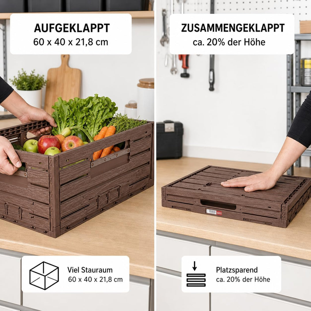 Stabile Faltbox im Holzdesign 60 x 40 x 21,8cm (LxBxH) Stapelbarer Faltbarer Einkaufskorb 45L - Robu