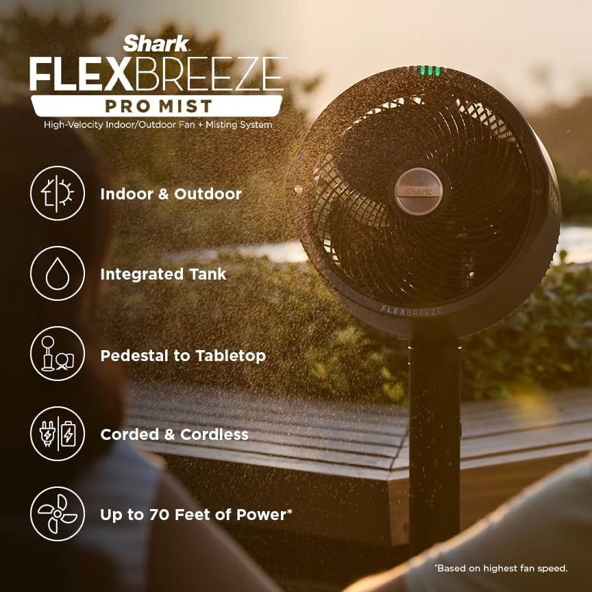 Shark FlexBreeze Pro Nebelventilator – Indoor & Outdoor, Integriertes Nebel, Sockel auf Tischplatte,