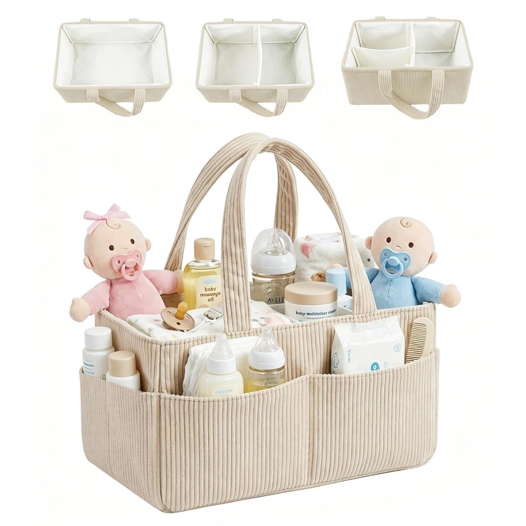 Generisch Wickelkorb Cord Beige, 18x23x36cm Wickelorganizer für Windeln, Feuchttücher und Babyartike