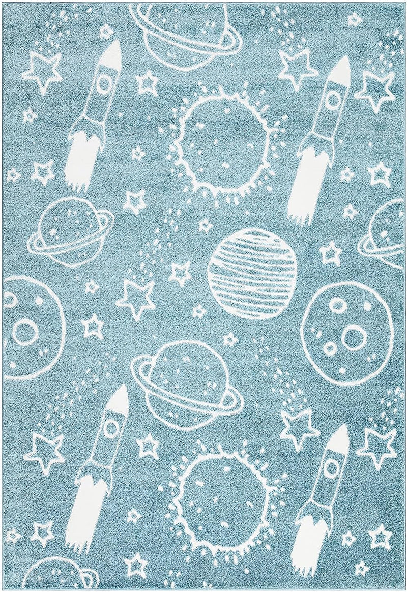 payé Teppich Kinderzimmer Läufer - Blau - 80x150cm - Galaxy Unviersum Weltall Stern Rakete Spieltepp