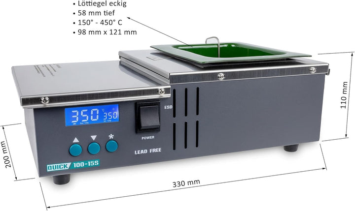 QUICK sensorgeregelter Löttiegel Titanium beschichtet 600 W Lötbad 98 x 121 mm 150-450°C für bleifre