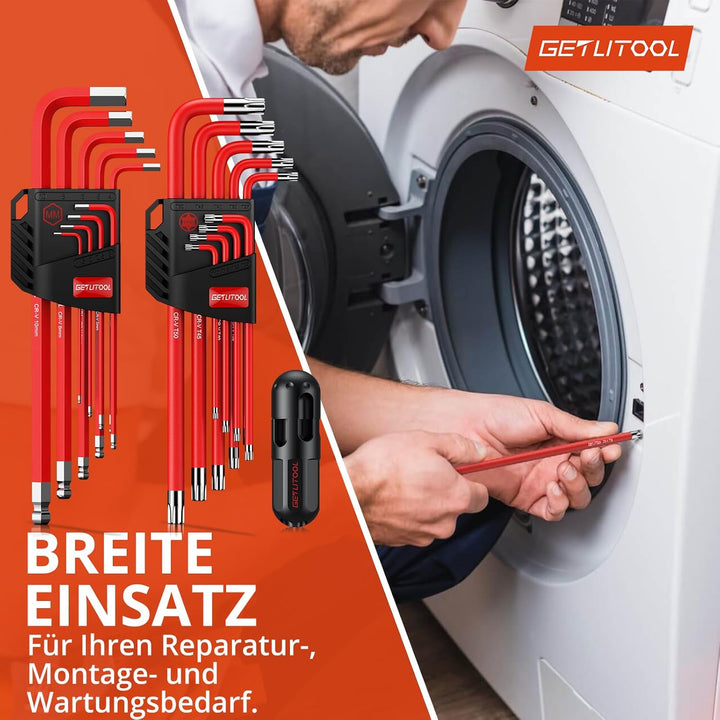 GETLITOOL Innensechskant Satz Lang, 18tlg. Innensechskantschlüssel Kugelkopf Metrisch HX 1,5mm-10mm