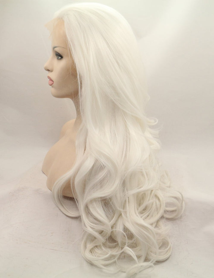 Morvally 61 cm lange Welle 60# Platinum White Glueless Lace Front Wig Natural Straight Heat Resistan