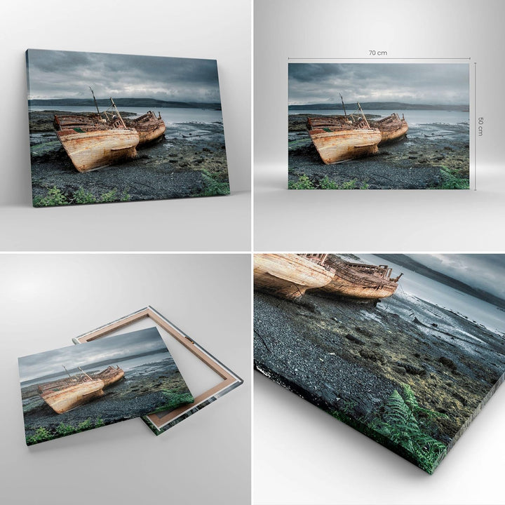 Bilder auf Leinwand Boot Wrack Ufer Leinwandbild mit Rahmen 70x50cm Wandbilder Dekoration Wohnzimmer