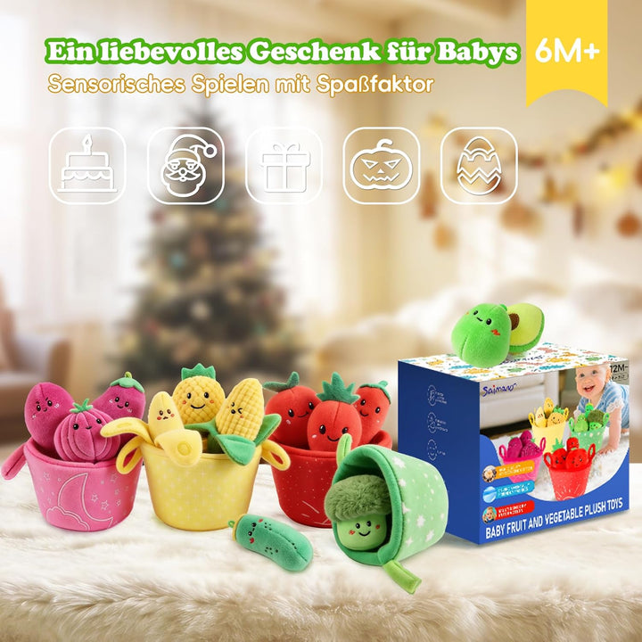 Baby Spielzeug 6 7 8 9 10 12 Monate, Gemüse und Obst Plüsch Spielzeug(16PCS) mit Rassel & Knisterpap