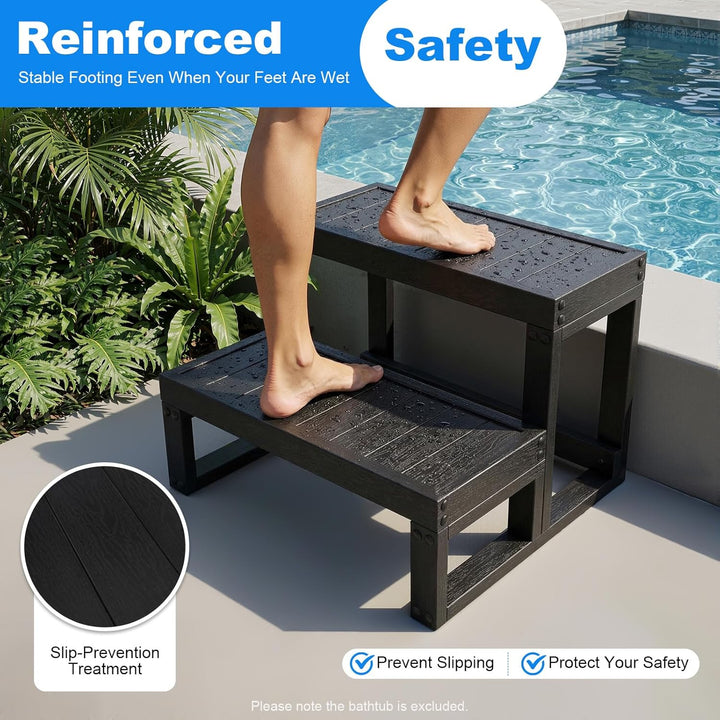 2-stufige Whirlpool Treppe aus WPC, 60x54x42,3 cm, Schwarz | Mobil Pooltreppe, Robust Trittstufe Woh