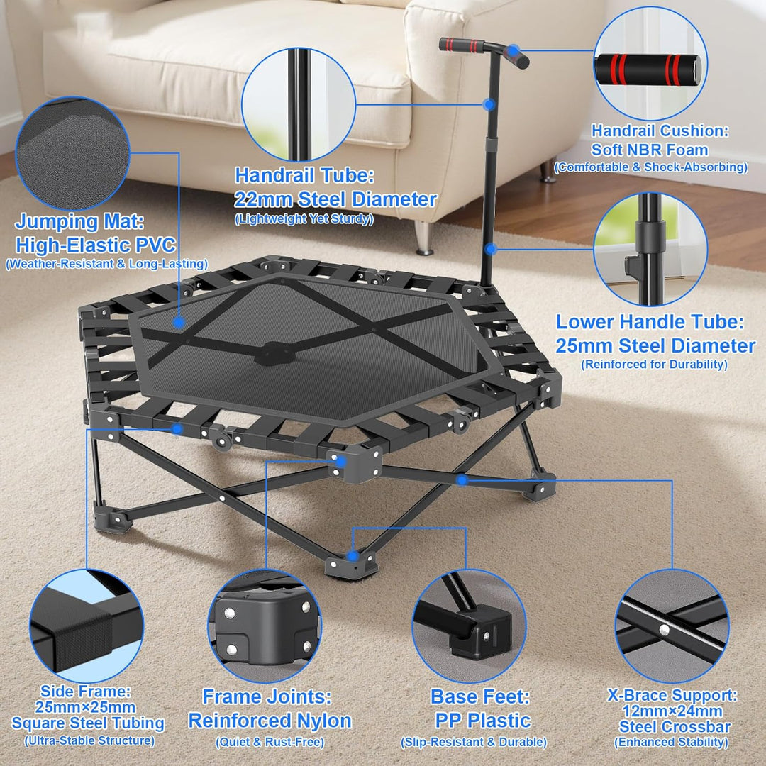 Mini Trampolin Klappbar, Fitness Trampolin Indoor mit Verstellbarem Griff, Minitrampolin für Erwachs