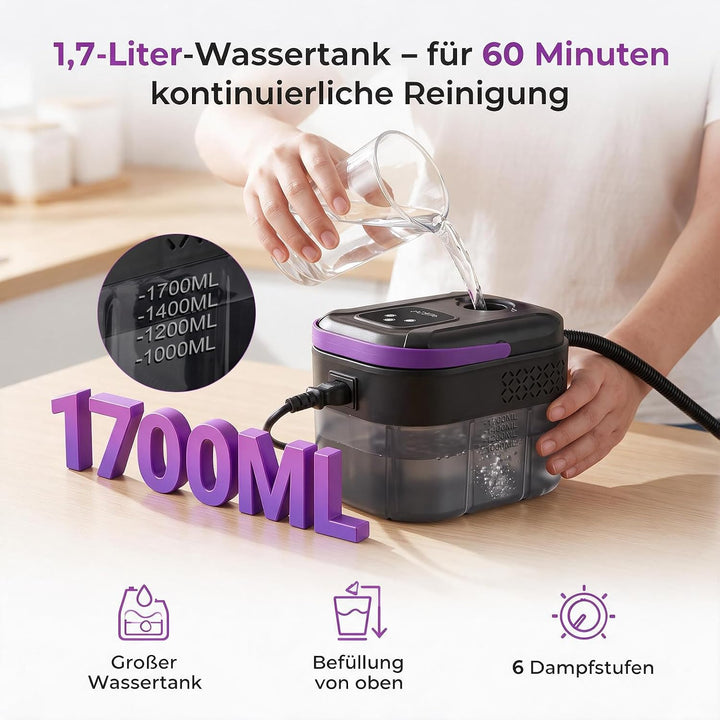 Dampfreiniger Handgerät mit Funkfernbedienung, 1,7L Tank, 6-stufig