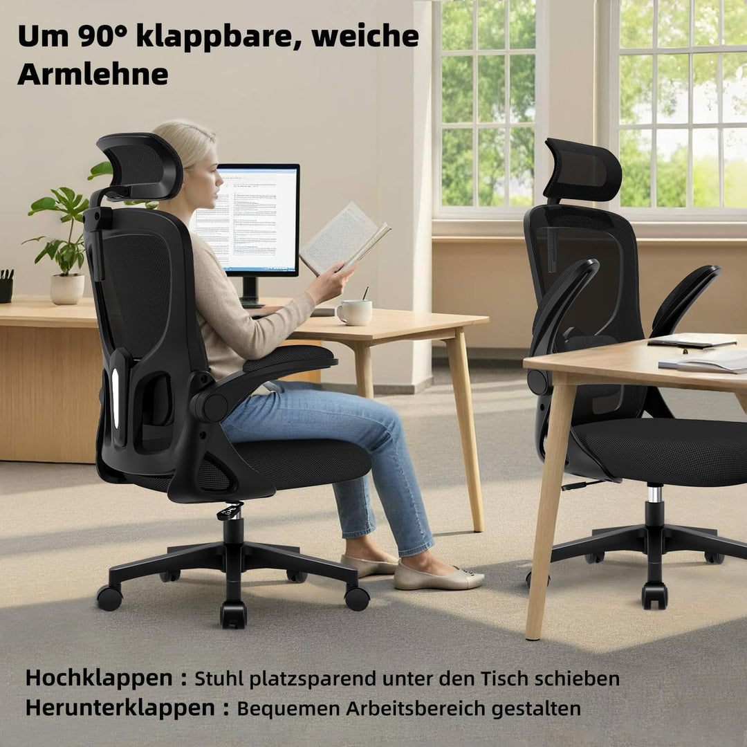 Bürostuhl, Schreibtischsessel mit Kopfstütze und Weiche Lordosenstütze, Bürostuhl ergonomisch Wippfu