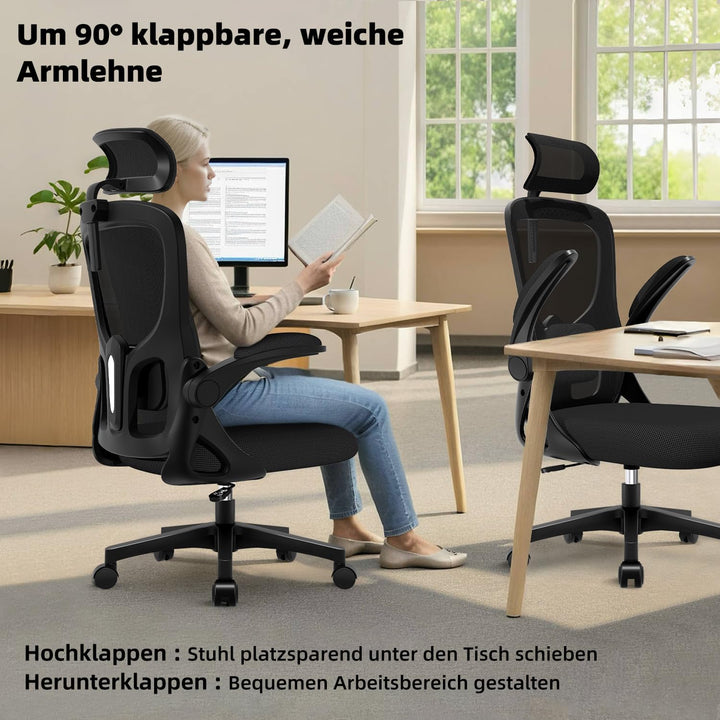 Bürostuhl, Schreibtischsessel mit Kopfstütze und Weiche Lordosenstütze, Bürostuhl ergonomisch Wippfu