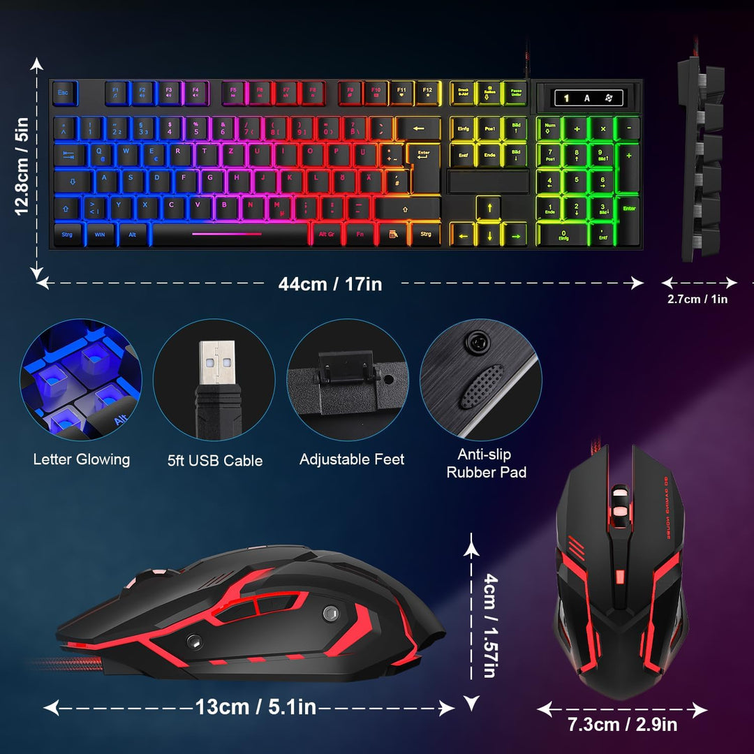 Gaming Tastatur und Maus Set, QWERTZ DE Layout, RGB Hintergrundbeleuchtete Kabelgebundene Tastatur,