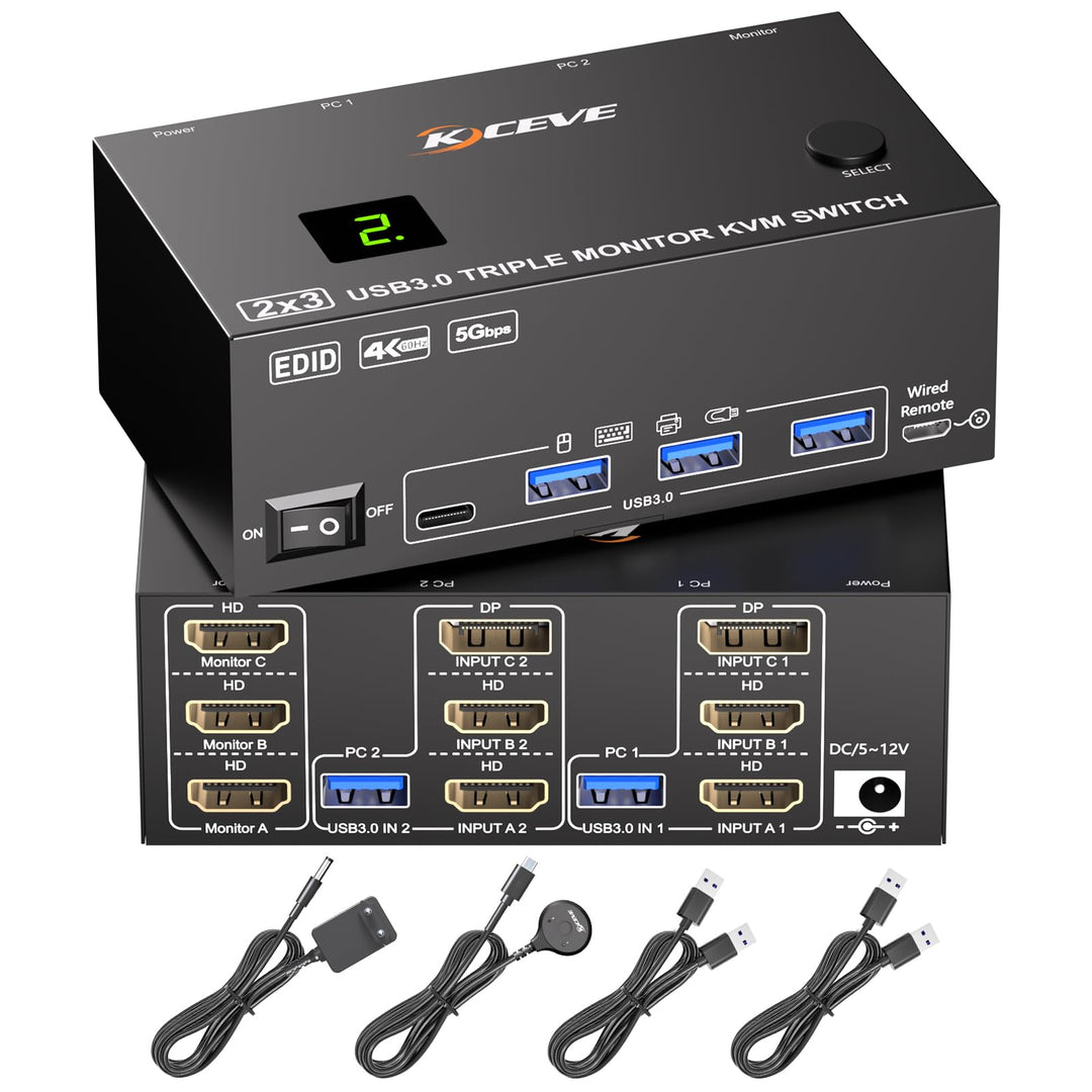 KVM Switch 2 PC 3 Monitore 4K@60Hz EDID Simulation, HDMI und Displayport KVM Switch Triple Monitor f