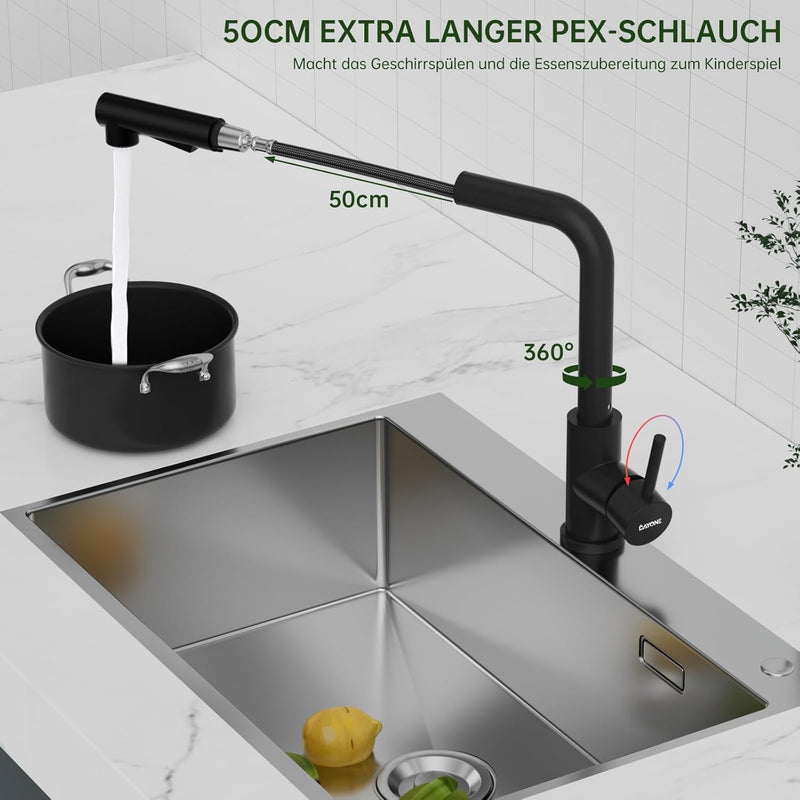 DAYONE Schwarz Niederdruck Wasserhahn Küche, Niederdruck Armatur Küche Ausziehbar 3 Anschlüsse, 2 St