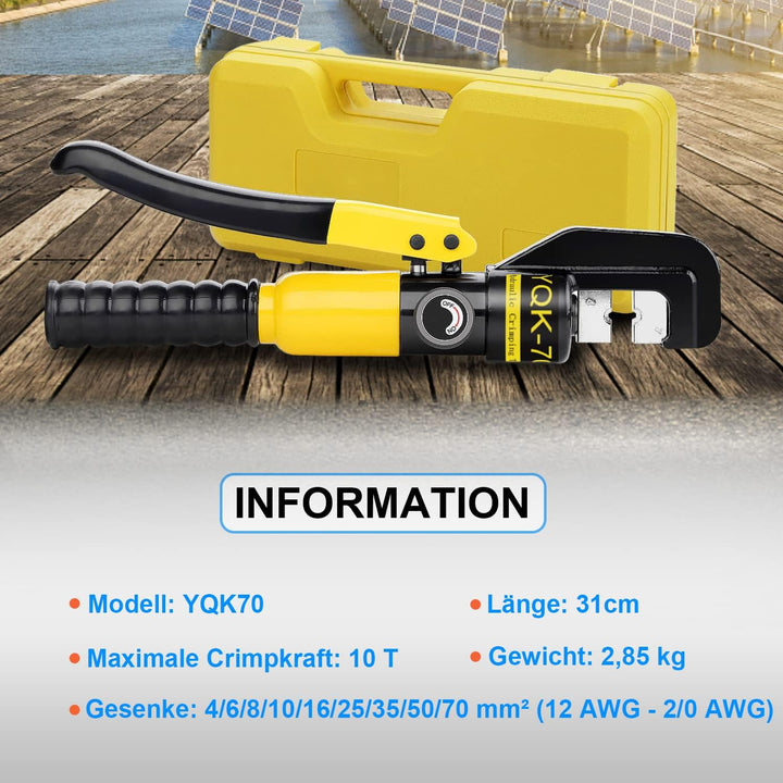 Solsop Hydraulische Crimpzange 4-70 mm², Kabelschuh Presszange 80 kN mit 9 Crimpeinsätzen, Crimpwerk