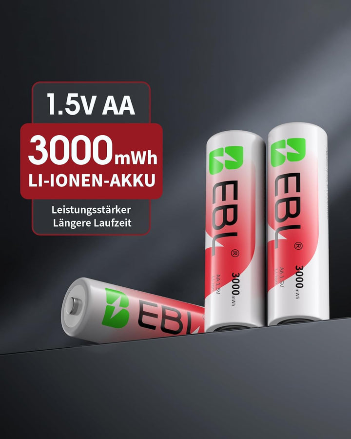 EBL Wiederaufladbar Lithium Akkus AA 8 Pack mit Ladegerät, 1.5v 3000mWh 1600 Zyklen Langlebige AA Ba
