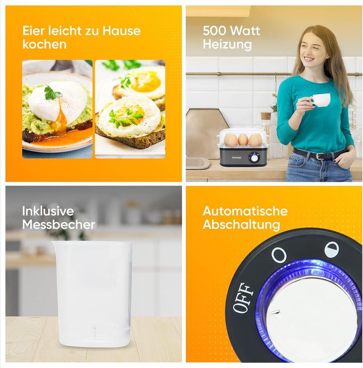 Eierkocher Edelstahl für 1 bis 8 Eier mit elektronischer Kochzeitüberwachung, inkl. Messbecher mit E