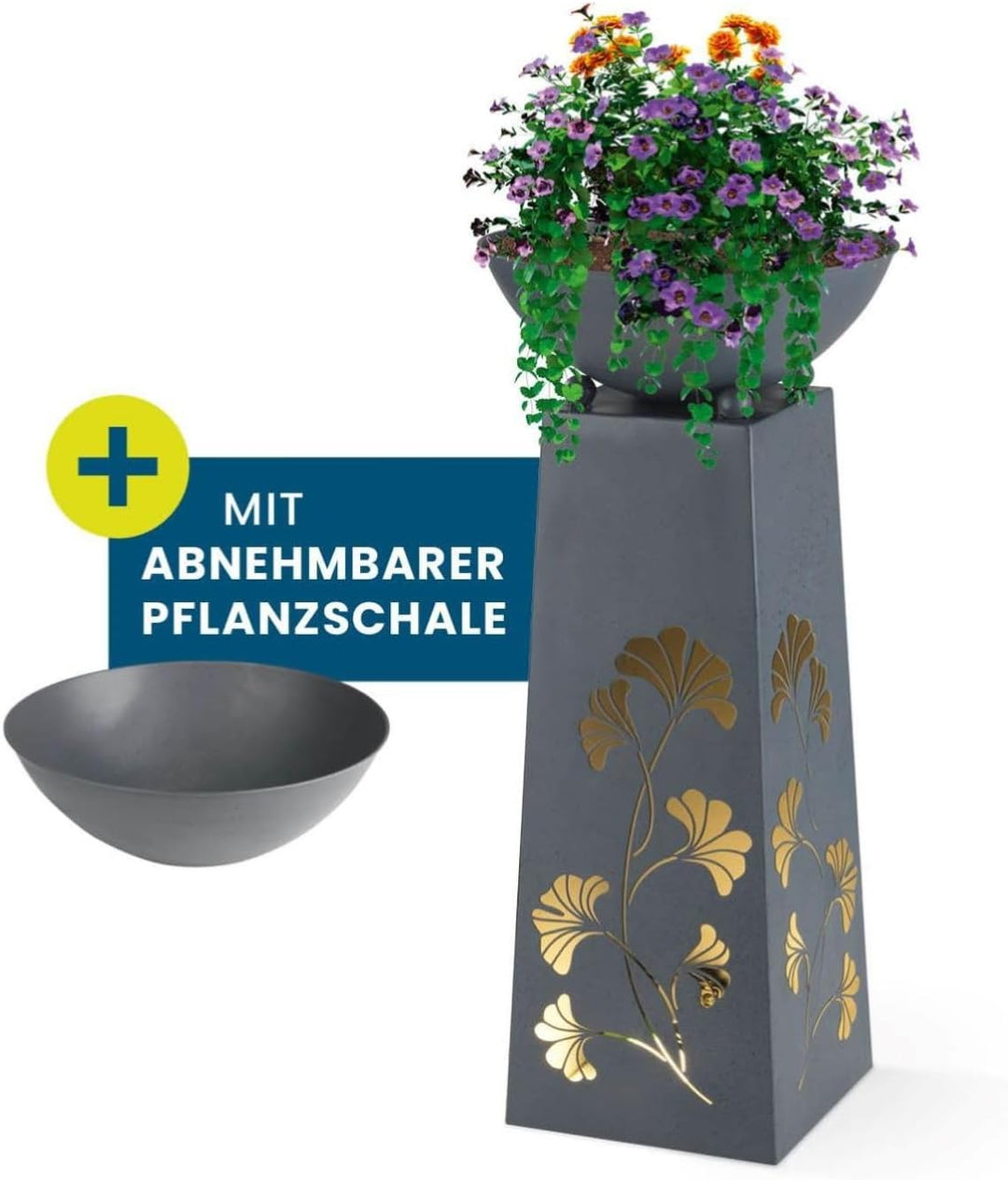 Hoberg LED Pflanzsäule Gingkoblätter-Design in Beton-Optik | Abnehmbare Pflanzschale (Ø 34cm) In- un