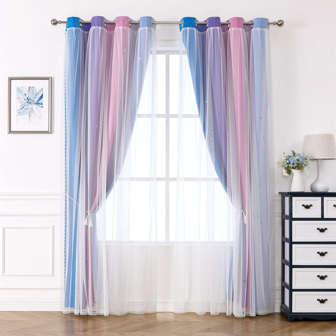 Freyamy Wohnzimmer Gardinen Blau Lila Rosa Glänzend Sterne Vorhänge Halbtransparent 130x100 (HxB) Ös