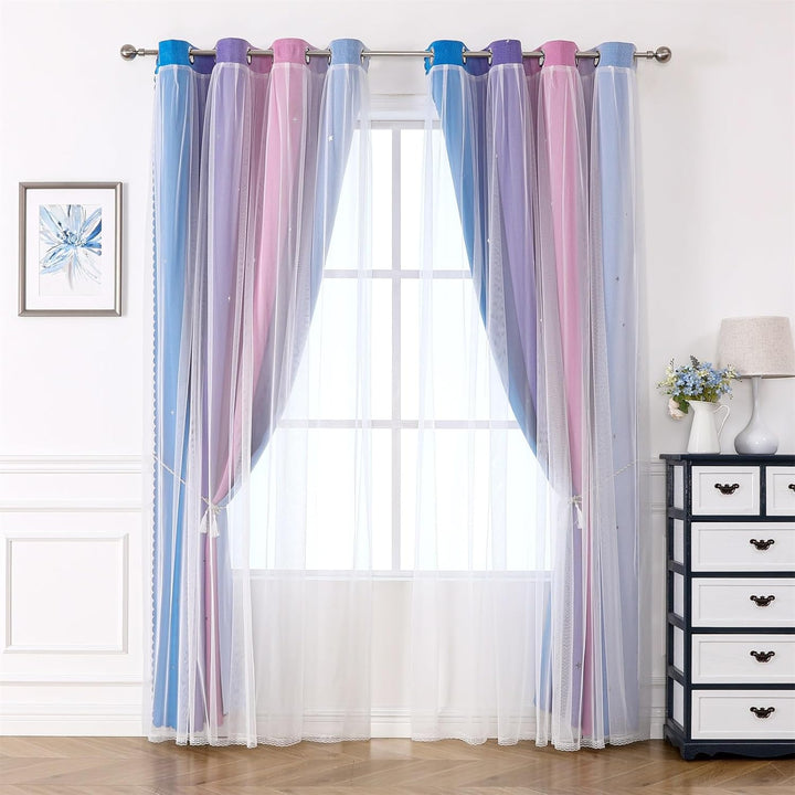 Freyamy Wohnzimmer Gardinen Blau Lila Rosa Glänzend Sterne Vorhänge Halbtransparent 130x100 (HxB) Ös