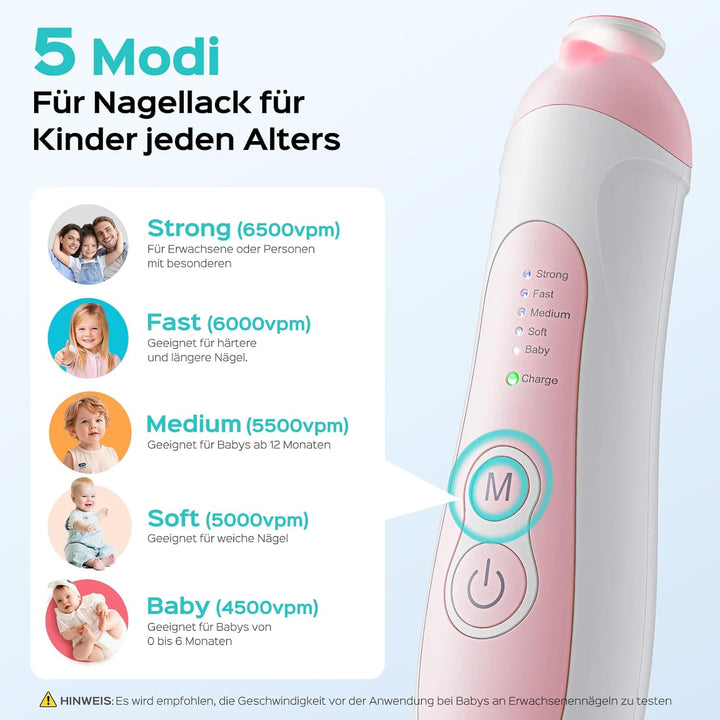 COSLUS Baby Nail File Electric: Fünf Gänge mit LED Sanfter Leuchten 6 Schleifköpfe, geeignet für Bab