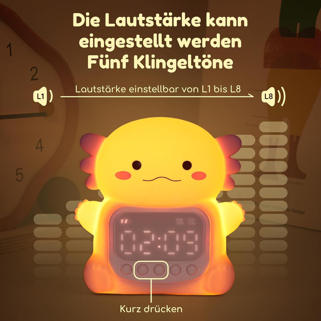 Yiliaw Axolotl Wecker mit Nachtlicht für Kinder, 7 RGB-Farben Süsse Wecker für Schlafzimmer, Ok to W