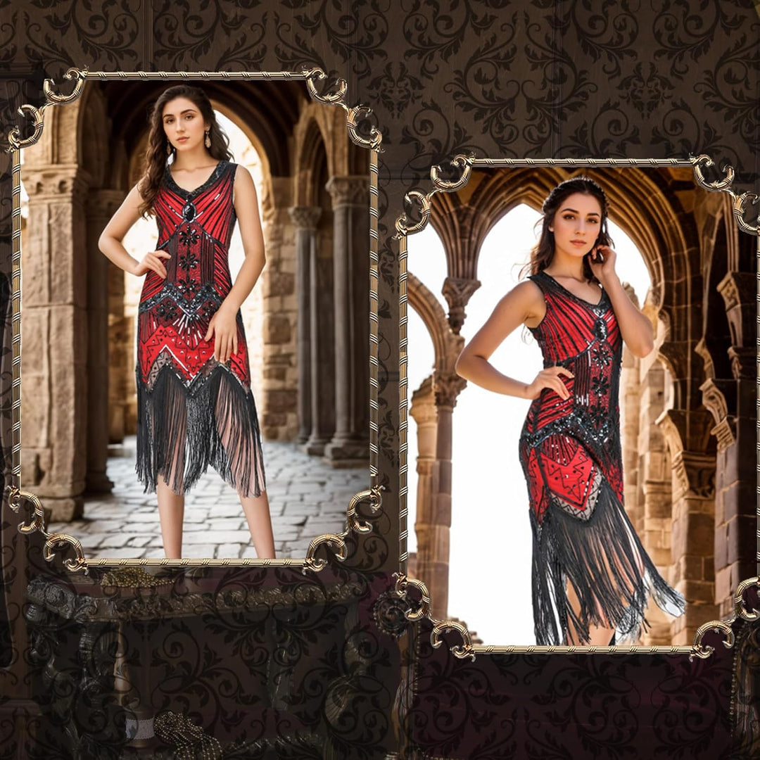 FEPITO 1920er Jahre Kleid mit V-Ausschnitt, Pailletten, Perlen und Fransen S Red（style 4）, S Red（sty