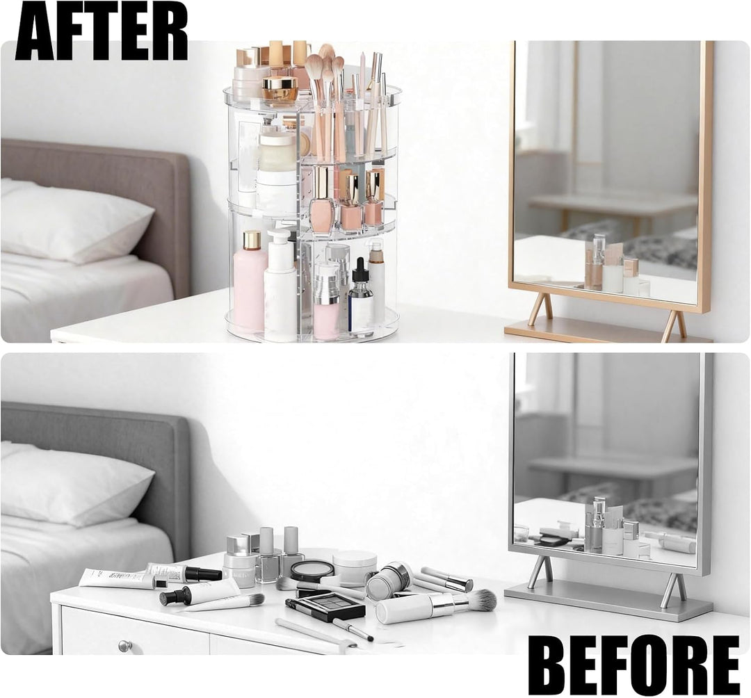 Make Up Kosmetik Organizer 360° Drehbar aus Kunststoff, Transparente Aufbewahrung für Schminktisch m