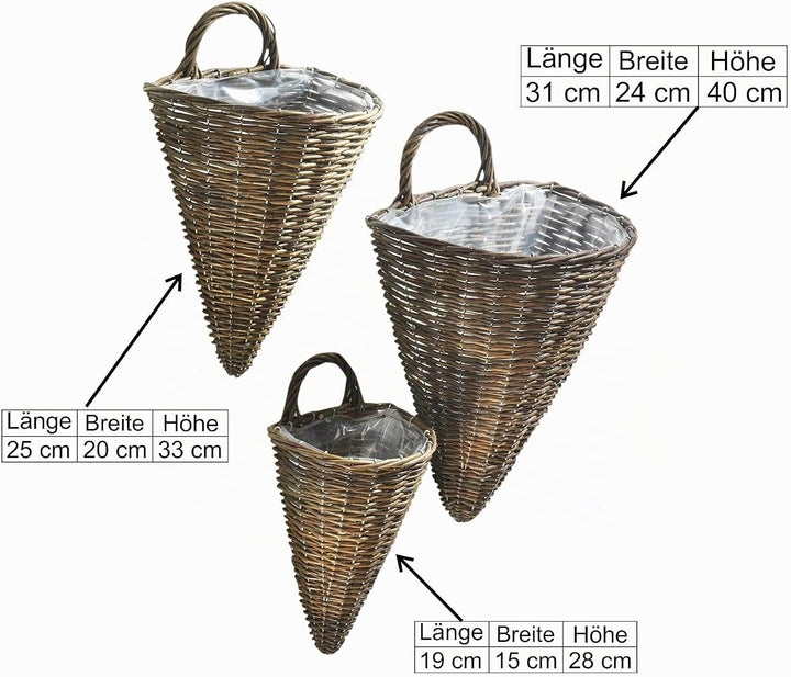 Pflanzkorb Wandkorb aus ungeschälter Weide im Füllhorn-Design 3er Set