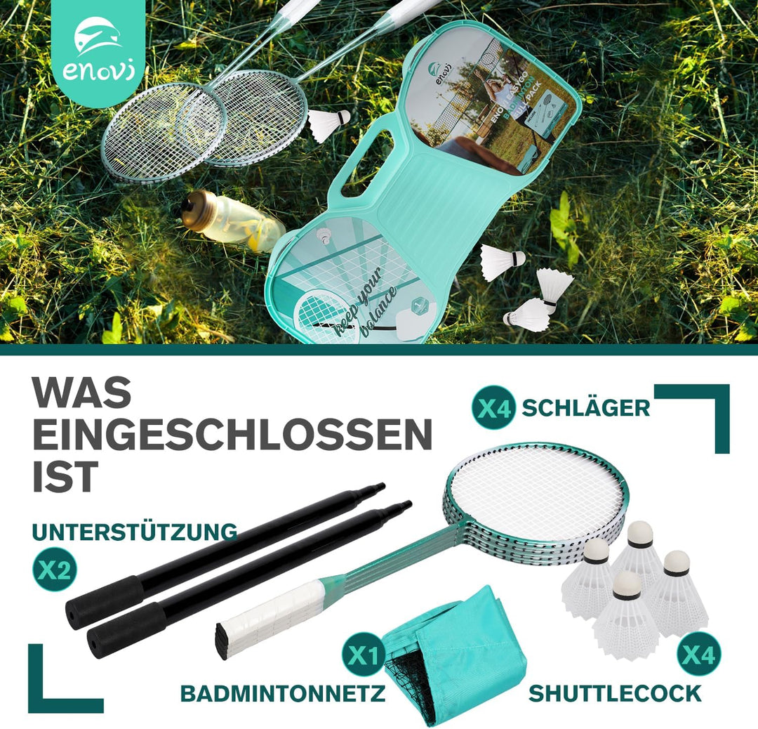 EasyGo Federball Set, Badminton Set mit 4 Schläger, Badminton Netz, 4 Federball, Tragbare Aufbewahru