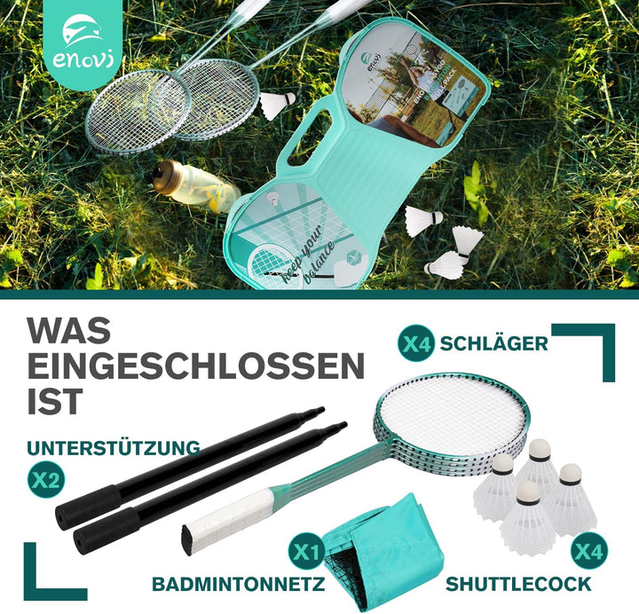EasyGo Federball Set, Badminton Set mit 4 Schläger, Badminton Netz, 4 Federball, Tragbare Aufbewahru