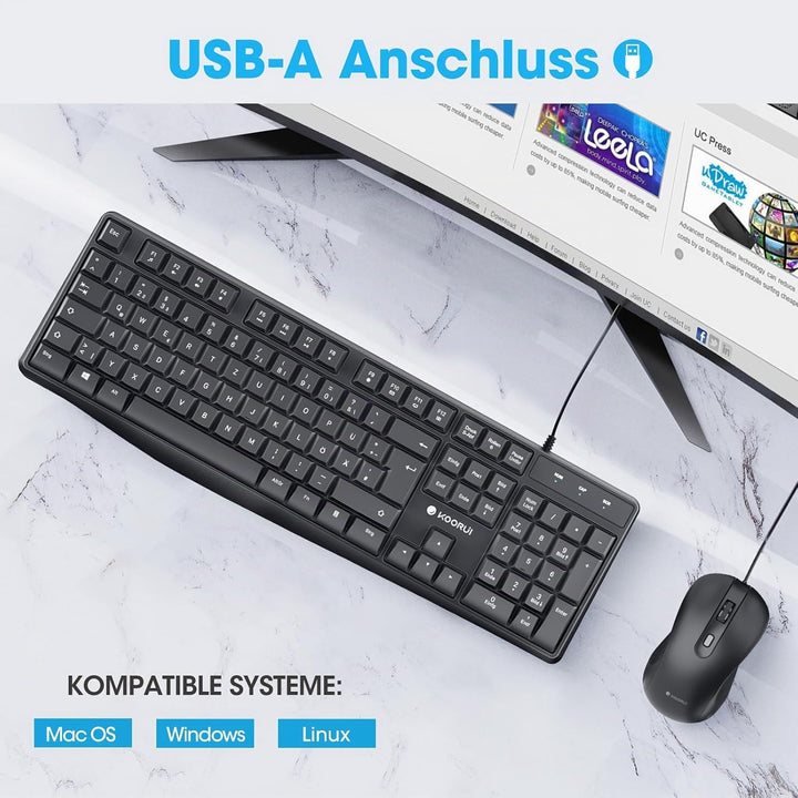 KOORUI Deutsches QWERTZ Tastatur-Maus-Set, 12 Funktionstasten, Schwarz Schwarz-Kabel Kabel, Schwarz-