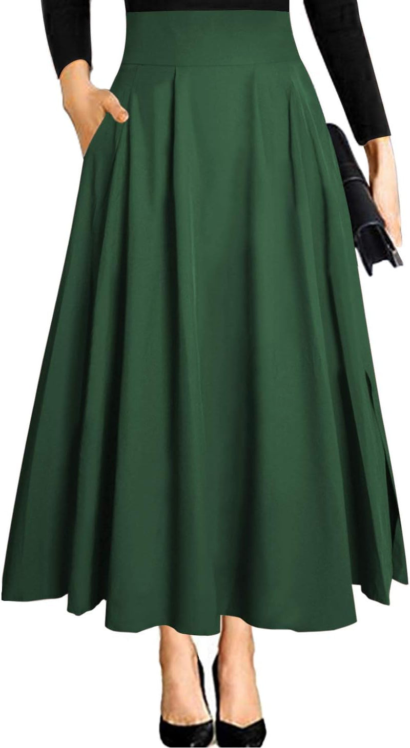 Damen High Waist Maxirock Taschen mit Seitenschlitz Langer A-Linie Rock XL 0 Armee Grün, XL 0 Armee